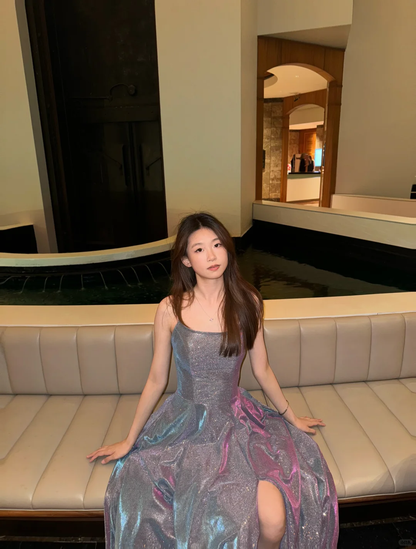 Vestido largo de satén con lentejuelas y tirantes finos, corte A brillante, para fiesta de graduación o de noche (GG2863)
