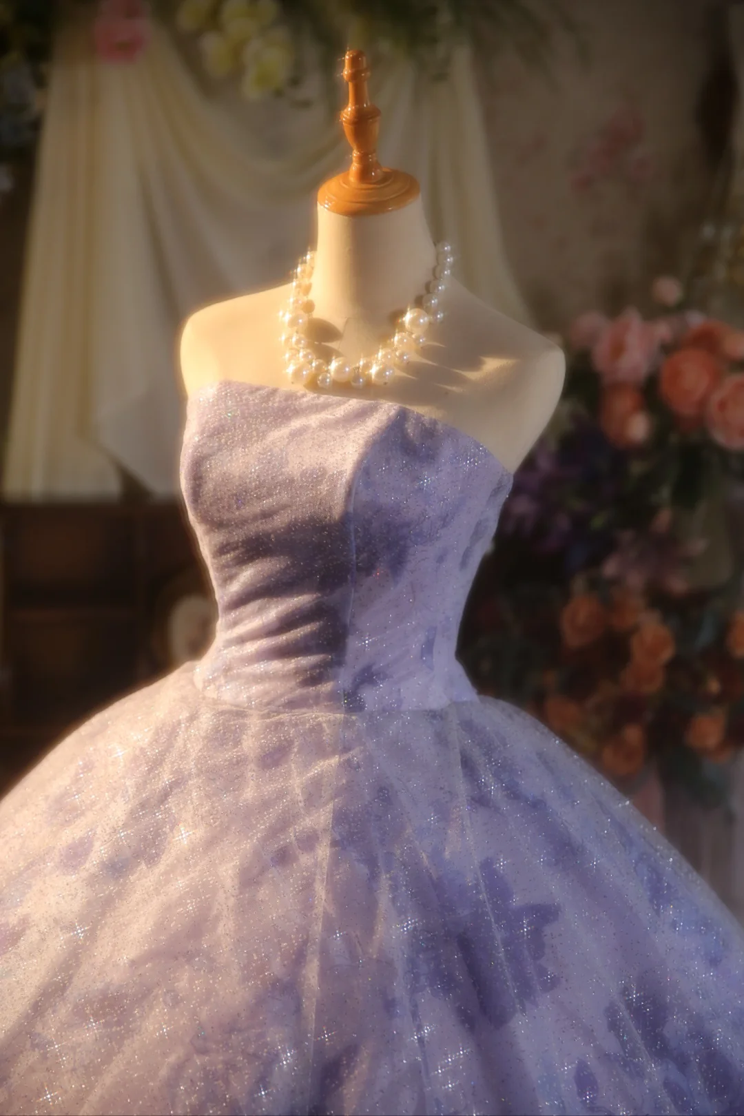 Precioso vestido de fiesta largo de tul satinado lila sin tirantes, vestido de fiesta, vestido de noche GG2865