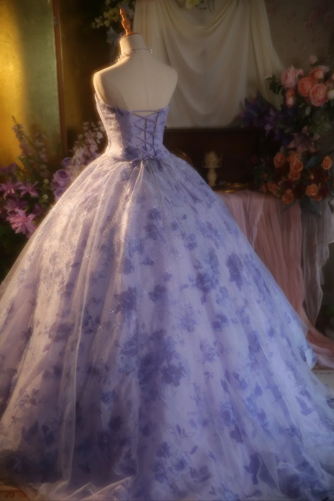 Precioso vestido de fiesta largo de tul satinado lila sin tirantes, vestido de fiesta, vestido de noche GG2865