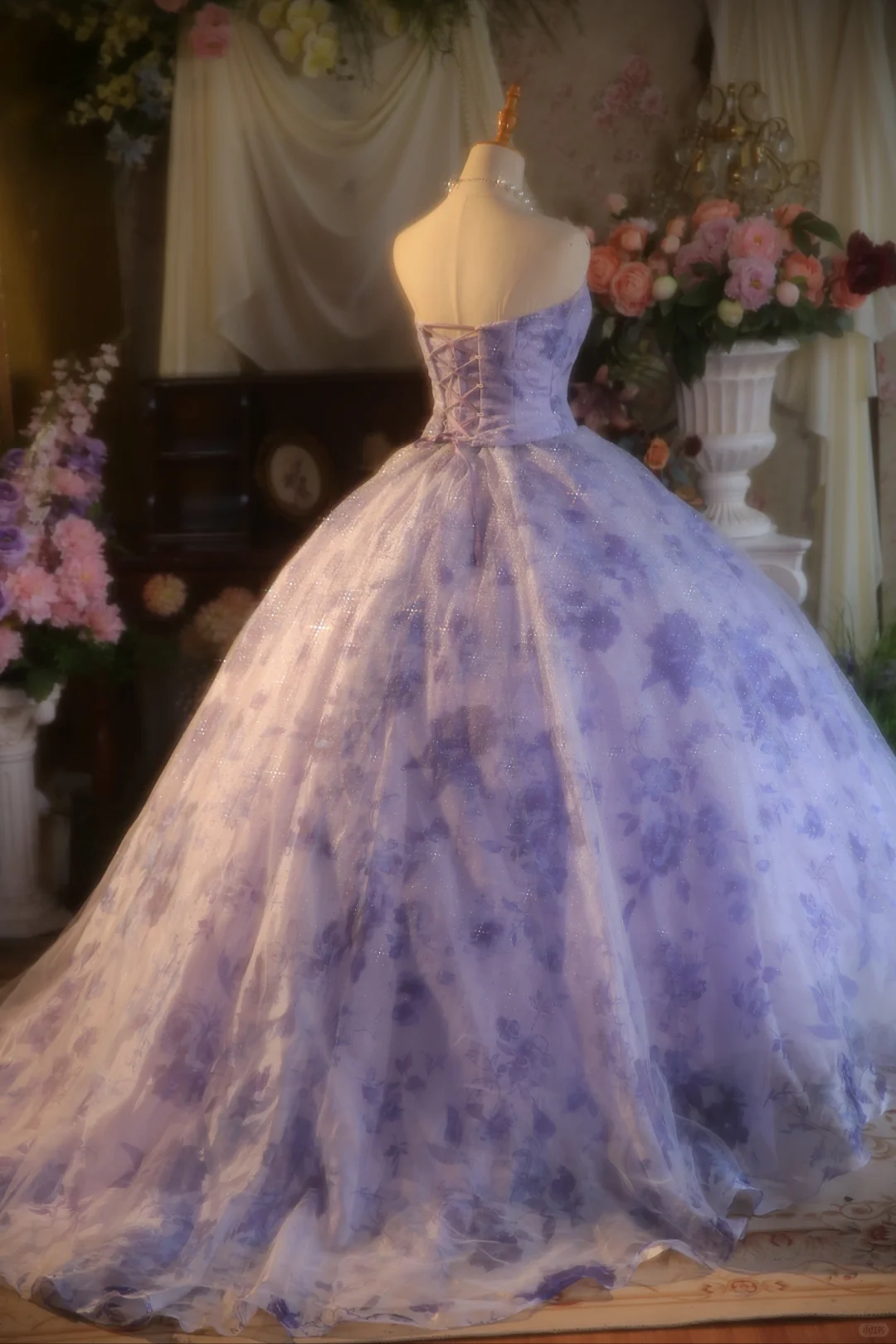 Precioso vestido de fiesta largo de tul satinado lila sin tirantes, vestido de fiesta, vestido de noche GG2865