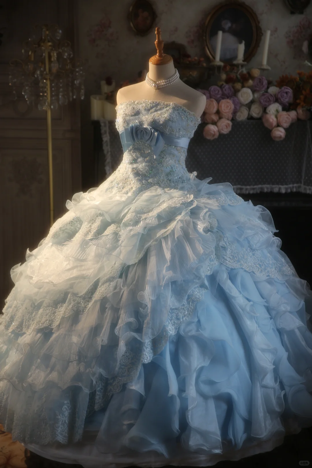 Hermoso vestido de fiesta sin tirantes de gasa azul pálido con apliques de encaje, vestido de fiesta, vestido de noche GG2876