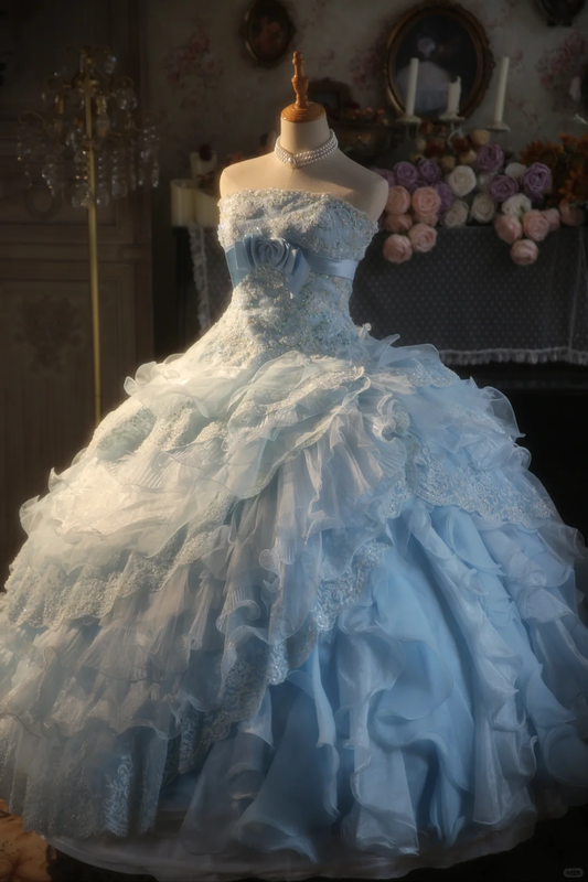 Hermoso vestido de fiesta sin tirantes de gasa azul pálido con apliques de encaje, vestido de fiesta, vestido de noche GG2876