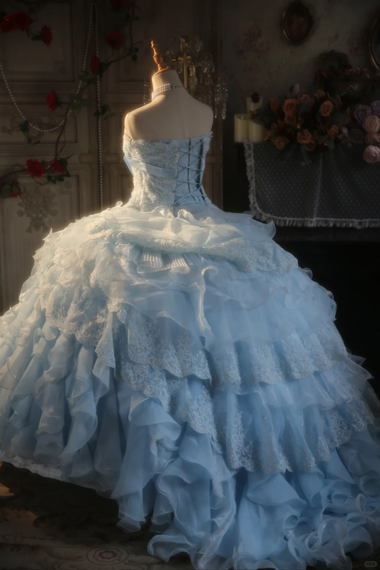 Hermoso vestido de fiesta sin tirantes de gasa azul pálido con apliques de encaje, vestido de fiesta, vestido de noche GG2876