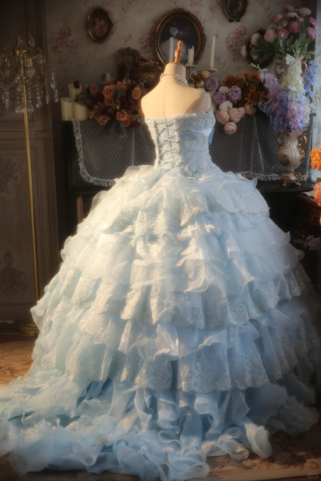 Hermoso vestido de fiesta sin tirantes de gasa azul pálido con apliques de encaje, vestido de fiesta, vestido de noche GG2876