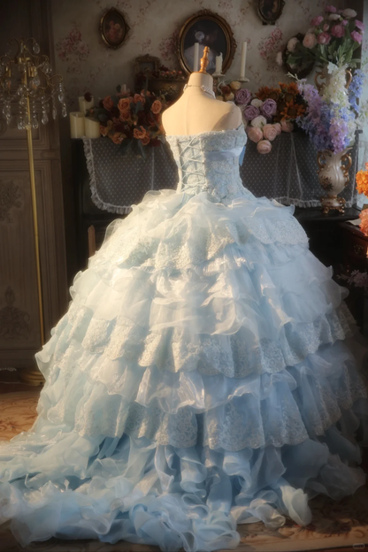 Hermoso vestido de fiesta sin tirantes de gasa azul pálido con apliques de encaje, vestido de fiesta, vestido de noche GG2876