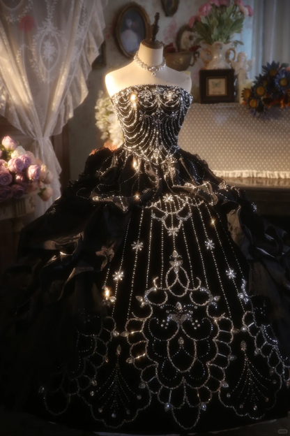 Vestido de fiesta vintage largo sin tirantes de satén negro con cuentas, vestido de fiesta, vestido de noche GG2877