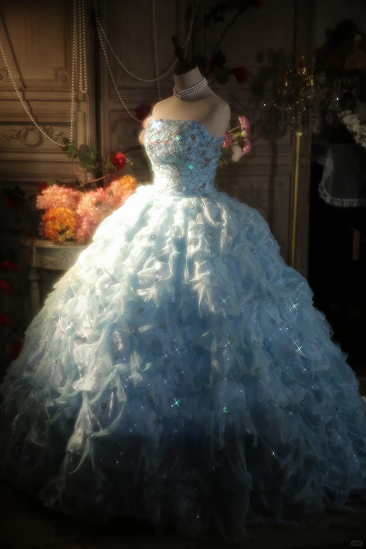 Hermoso vestido de fiesta sin tirantes de tul azul pálido, de satén, largo, para graduación, fiesta o noche GG2878