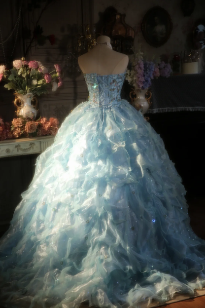Hermoso vestido de fiesta sin tirantes de tul azul pálido, de satén, largo, para graduación, fiesta o noche GG2878
