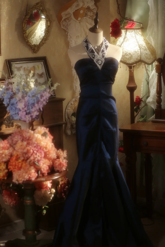 Vestido de fiesta, de noche y de satén azul marino con cuello halter y cuentas, estilo sirena, GG2879