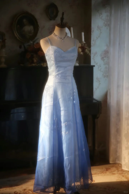 Vestido largo elegante de fiesta, de noche, con tirantes finos, de satén y tul con cuentas, corte A, GG2881