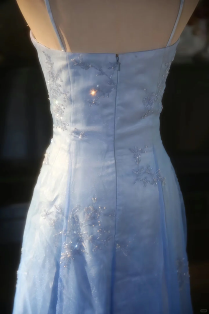 Vestido largo elegante de fiesta, de noche, con tirantes finos, de satén y tul con cuentas, corte A, GG2881