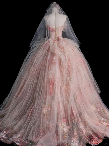 Impresionante vestido de fiesta largo sin tirantes con apliques de tul, vestido de novia o de noche GG2883