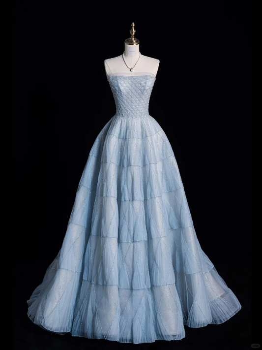 Hermoso vestido de fiesta largo de tul sin tirantes y con cuentas, vestido de fiesta, vestido de noche GG2886