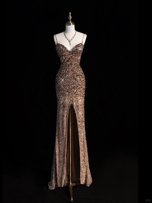 Vestido largo de fiesta, de satén, con lentejuelas y tirantes finos, estilo sirena y purpurina, GG2888