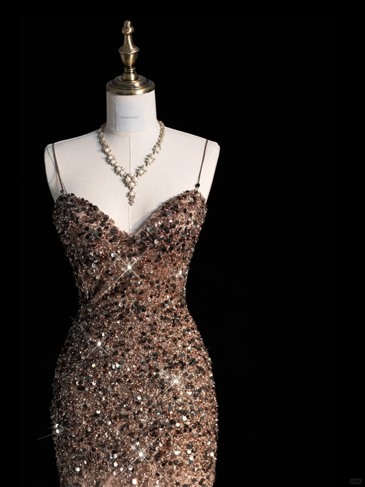 Vestido largo de fiesta, de satén, con lentejuelas y tirantes finos, estilo sirena y purpurina, GG2888