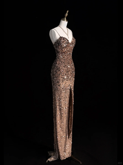 Vestido largo de fiesta, de satén, con lentejuelas y tirantes finos, estilo sirena y purpurina, GG2888