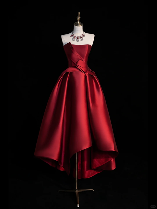 Elegante vestido de fiesta largo de satén rojo sin tirantes, corte A, para fiesta de graduación o noche GG2889