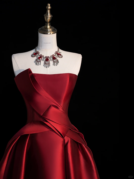 Elegante vestido de fiesta largo de satén rojo sin tirantes, corte A, para fiesta de graduación o noche GG2889