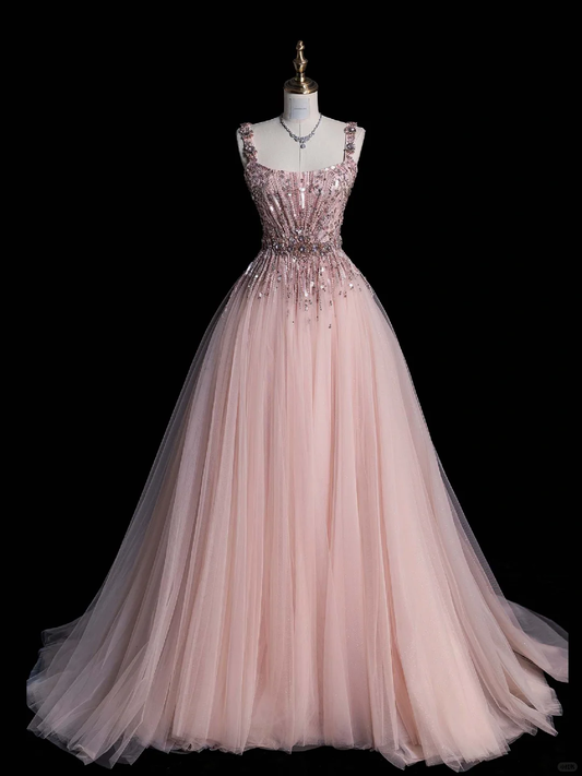 Hermoso vestido largo de fiesta, de noche, de tul cuadrado, con lentejuelas y cuentas, corte en A, GG2890