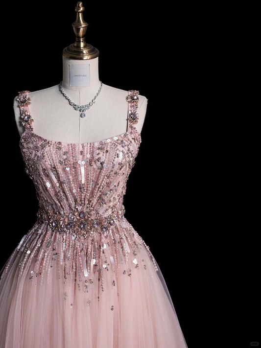 Hermoso vestido largo de fiesta, de noche, de tul cuadrado, con lentejuelas y cuentas, corte en A, GG2890