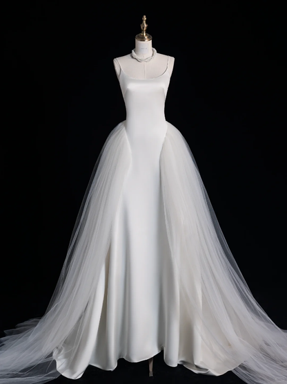 Vestido largo de satén blanco con tirantes finos, corte A, para fiesta de graduación o de noche (GG2892)
