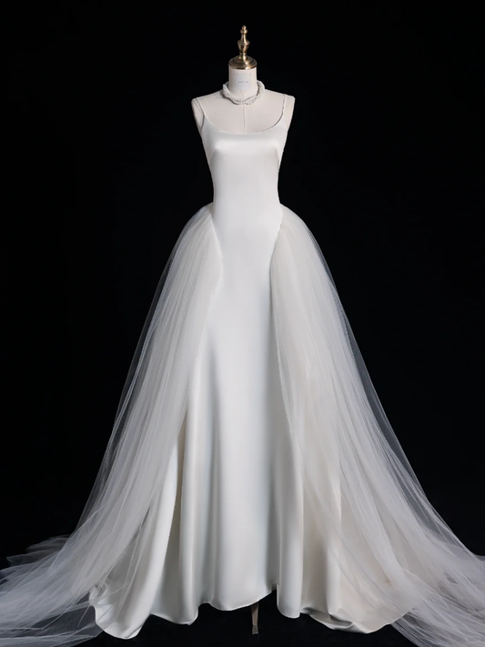 Vestido largo de satén blanco con tirantes finos, corte A, para fiesta de graduación o de noche (GG2892)