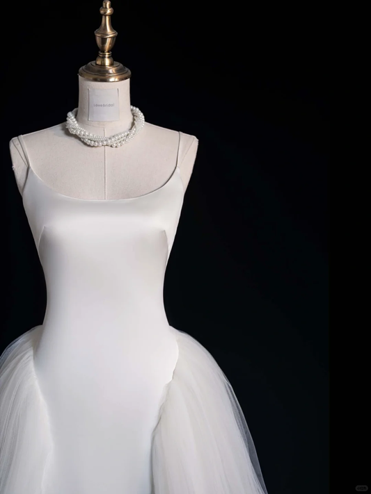 Vestido largo de satén blanco con tirantes finos, corte A, para fiesta de graduación o de noche (GG2892)