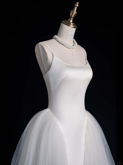 Vestido largo de satén blanco con tirantes finos, corte A, para fiesta de graduación o de noche (GG2892)