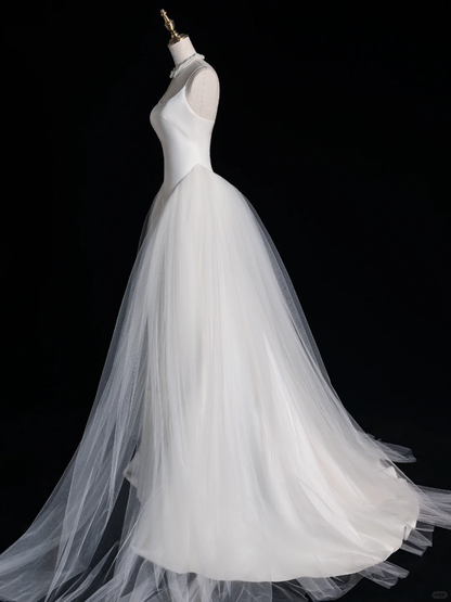 Vestido largo de satén blanco con tirantes finos, corte A, para fiesta de graduación o de noche (GG2892)