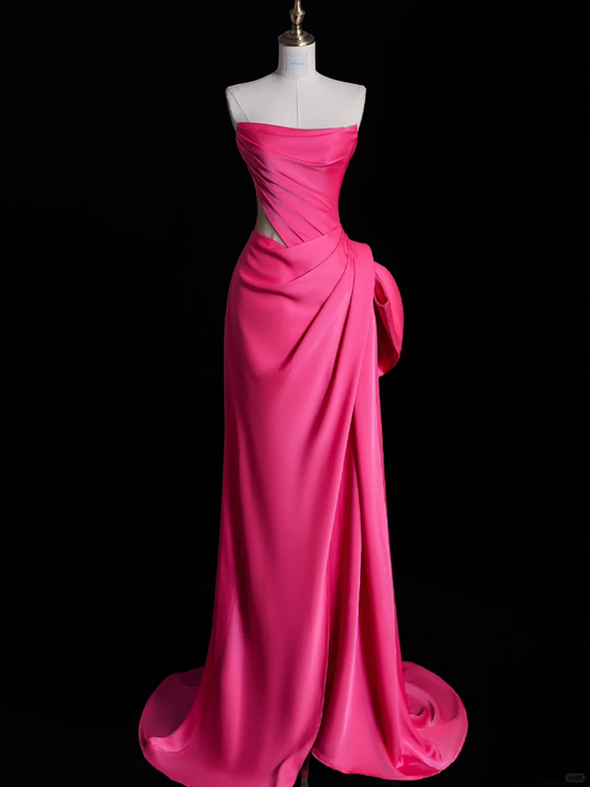 Vestido de fiesta, de noche y de fiesta, elegante, de satén rosa intenso, plisado, largo, sin tirantes, corte sirena, GG2893