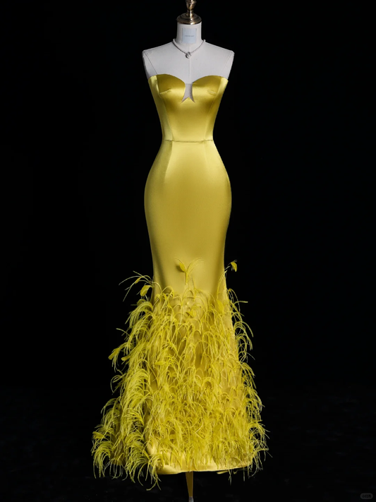 Vestido de fiesta, de noche, de satén amarillo, largo, sin tirantes, con corte sirena, GG2894
