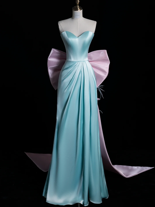 Vestido largo de fiesta, de noche y de graduación, de satén azul claro, sin tirantes y con lazo, estilo sirena, GG2896