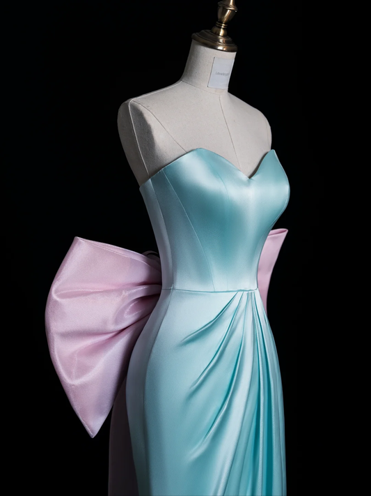 Vestido largo de fiesta, de noche y de graduación, de satén azul claro, sin tirantes y con lazo, estilo sirena, GG2896