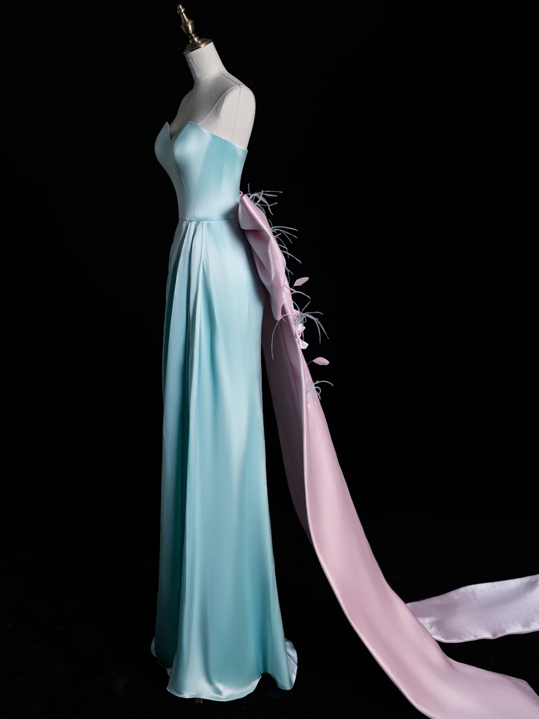 Vestido largo de fiesta, de noche y de graduación, de satén azul claro, sin tirantes y con lazo, estilo sirena, GG2896
