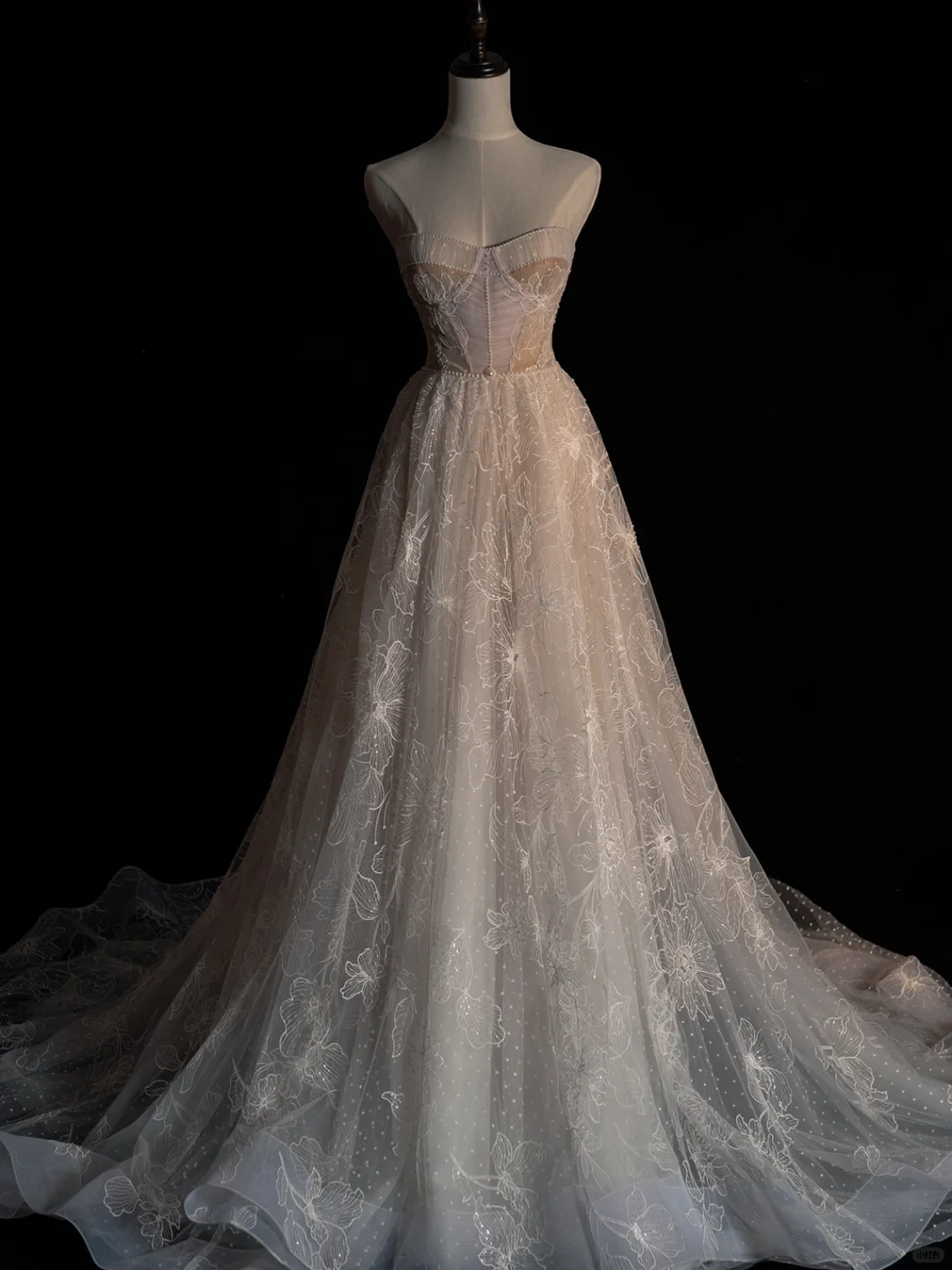 Impresionante vestido de fiesta largo de tul con encaje y corte en A, sin tirantes, GG2897