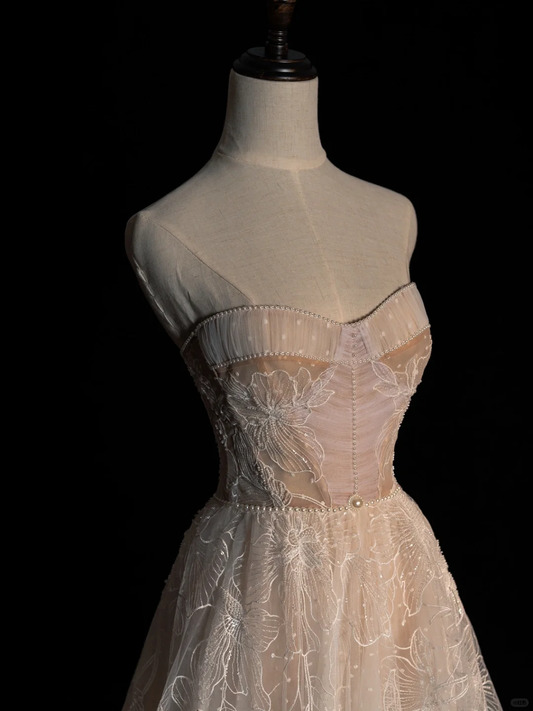 Impresionante vestido de fiesta largo de tul con encaje y corte en A, sin tirantes, GG2897