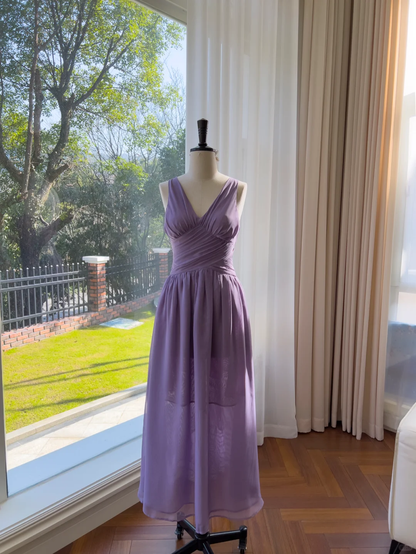 Vestido largo de gasa morado con escote en V y corte en A, elegante vestido de fiesta o de noche GG2901