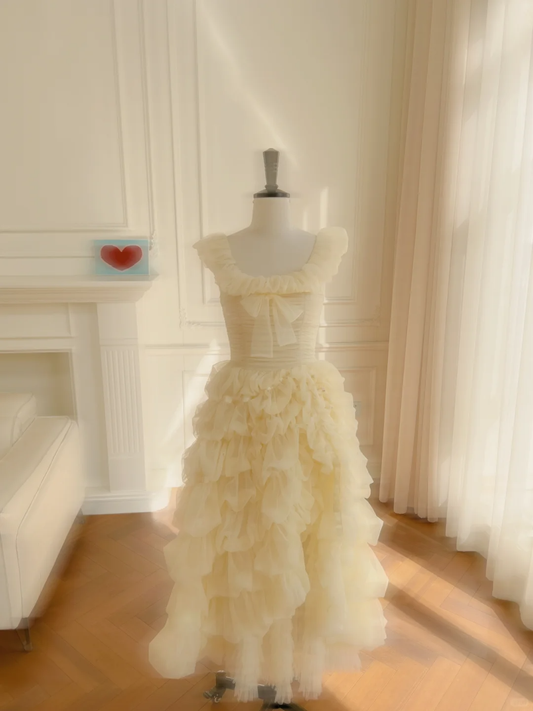 Precioso vestido de fiesta largo de tul con corte en A y corte cuadrado, vestido de noche GG2904