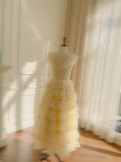 Precioso vestido de fiesta largo de tul con corte en A y corte cuadrado, vestido de noche GG2904