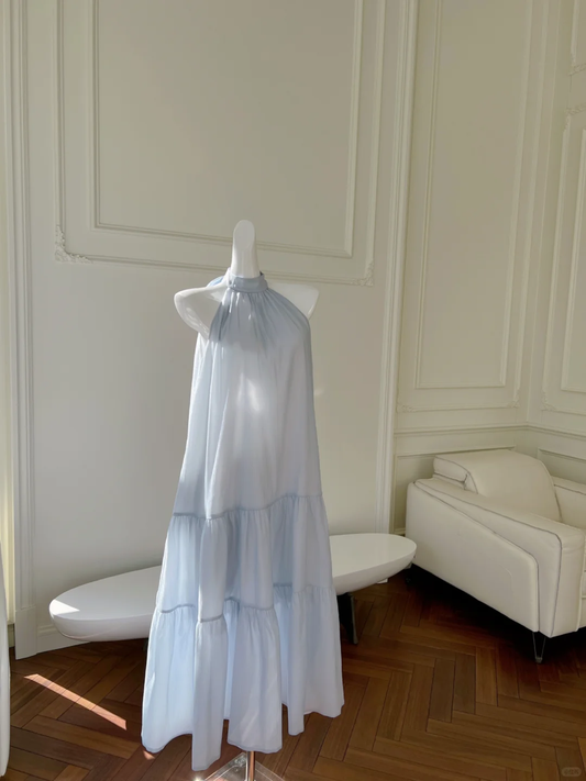 Vestido largo de satén azul pálido con cuello halter, elegante, para fiesta de graduación o de noche, GG2905