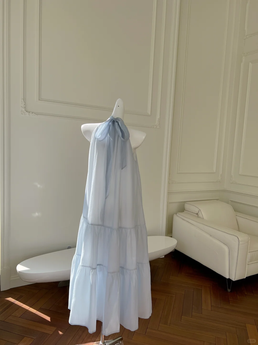 Vestido largo de satén azul pálido con cuello halter, elegante, para fiesta de graduación o de noche, GG2905