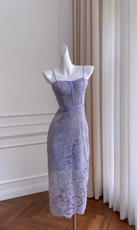 Impresionante vestido largo de sirena con tirantes finos, encaje satinado lila, para fiesta de graduación o de noche GG2906