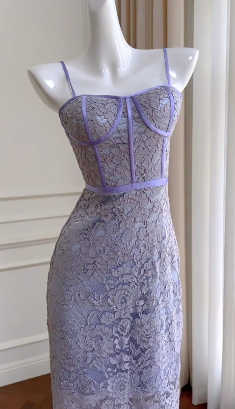 Impresionante vestido largo de sirena con tirantes finos, encaje satinado lila, para fiesta de graduación o de noche GG2906