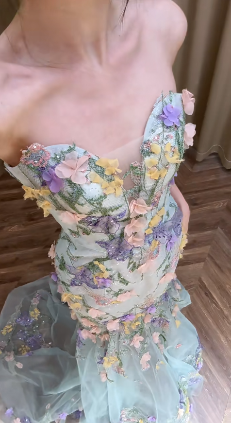 Hermoso vestido de fiesta largo de sirena sin tirantes con apliques de tul, vestido de fiesta, vestido de noche GG2909