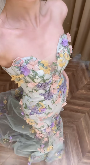 Hermoso vestido de fiesta largo de sirena sin tirantes con apliques de tul, vestido de fiesta, vestido de noche GG2909