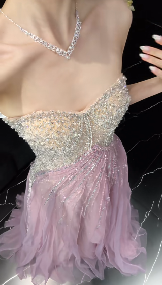 Vestido de fiesta largo de tul con cuentas y corte en A, sin tirantes y con purpurina, GG2910