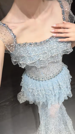 Impresionante vestido largo de fiesta, de noche y de fiesta de tul con cuentas y corte en A GG2911