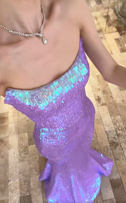 Vestido de fiesta largo con lentejuelas lilas, sin tirantes y corte sirena brillante, vestido de fiesta, vestido de noche GG2915