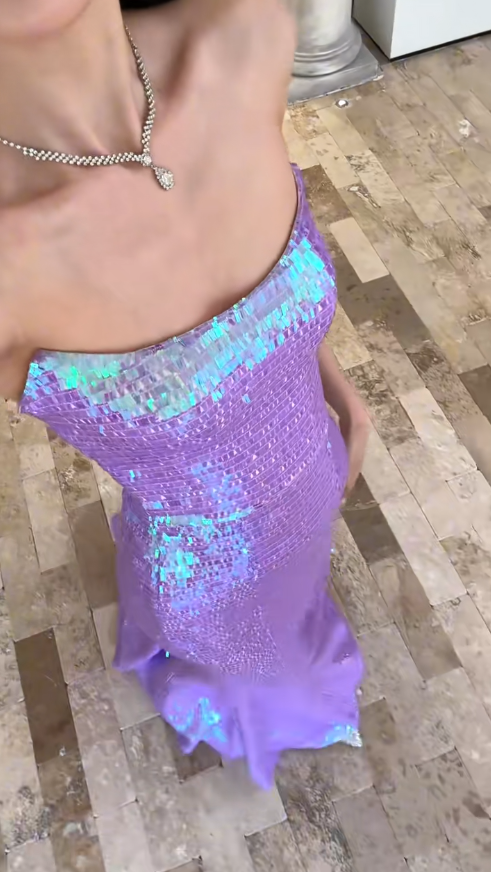 Vestido de fiesta largo con lentejuelas lilas, sin tirantes y corte sirena brillante, vestido de fiesta, vestido de noche GG2915