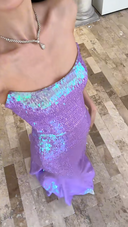 Vestido de fiesta largo con lentejuelas lilas, sin tirantes y corte sirena brillante, vestido de fiesta, vestido de noche GG2915